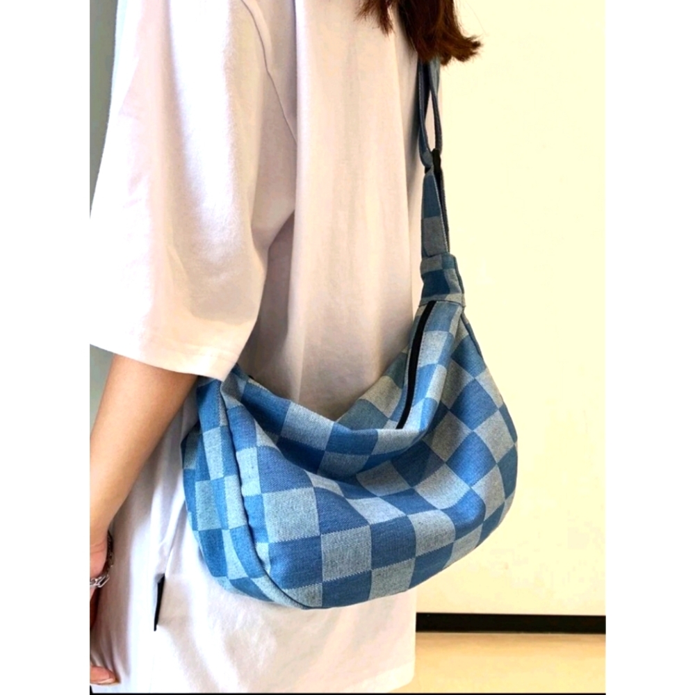 Denim Look Textured Checkered Shoulder Bag